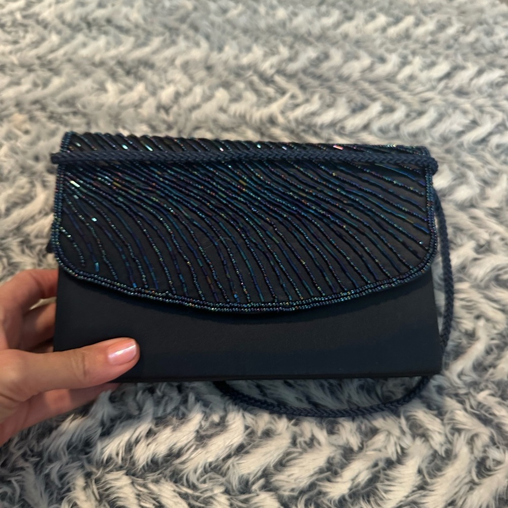 Elegant Blue Beaded Evening Clutch